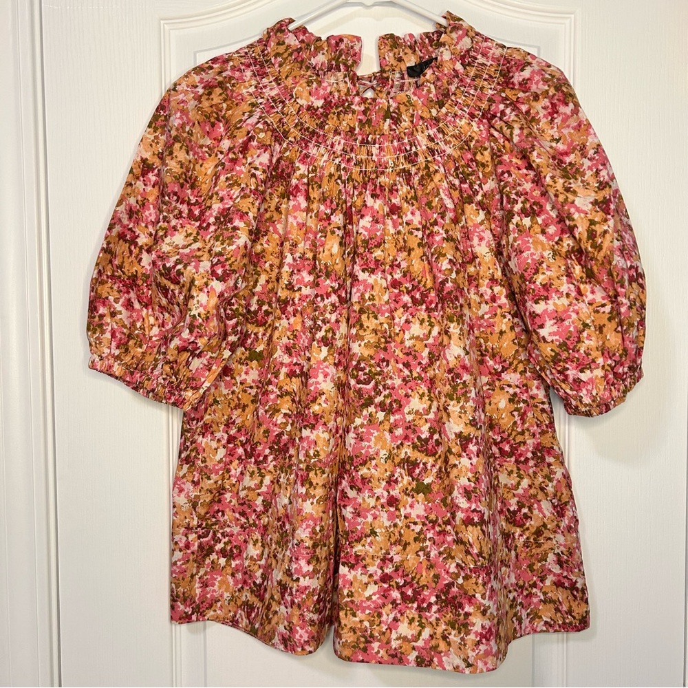 J. Crew Top Women’s Medium Muted Brown Pink and Tan Smocked Bodice Lace Up Back